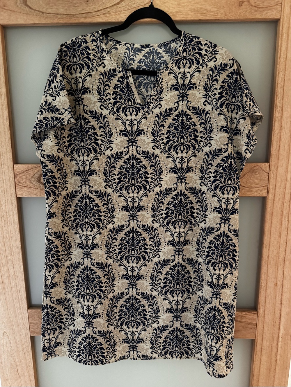 Elegant Cream dress with navy blue Damask Pattern
